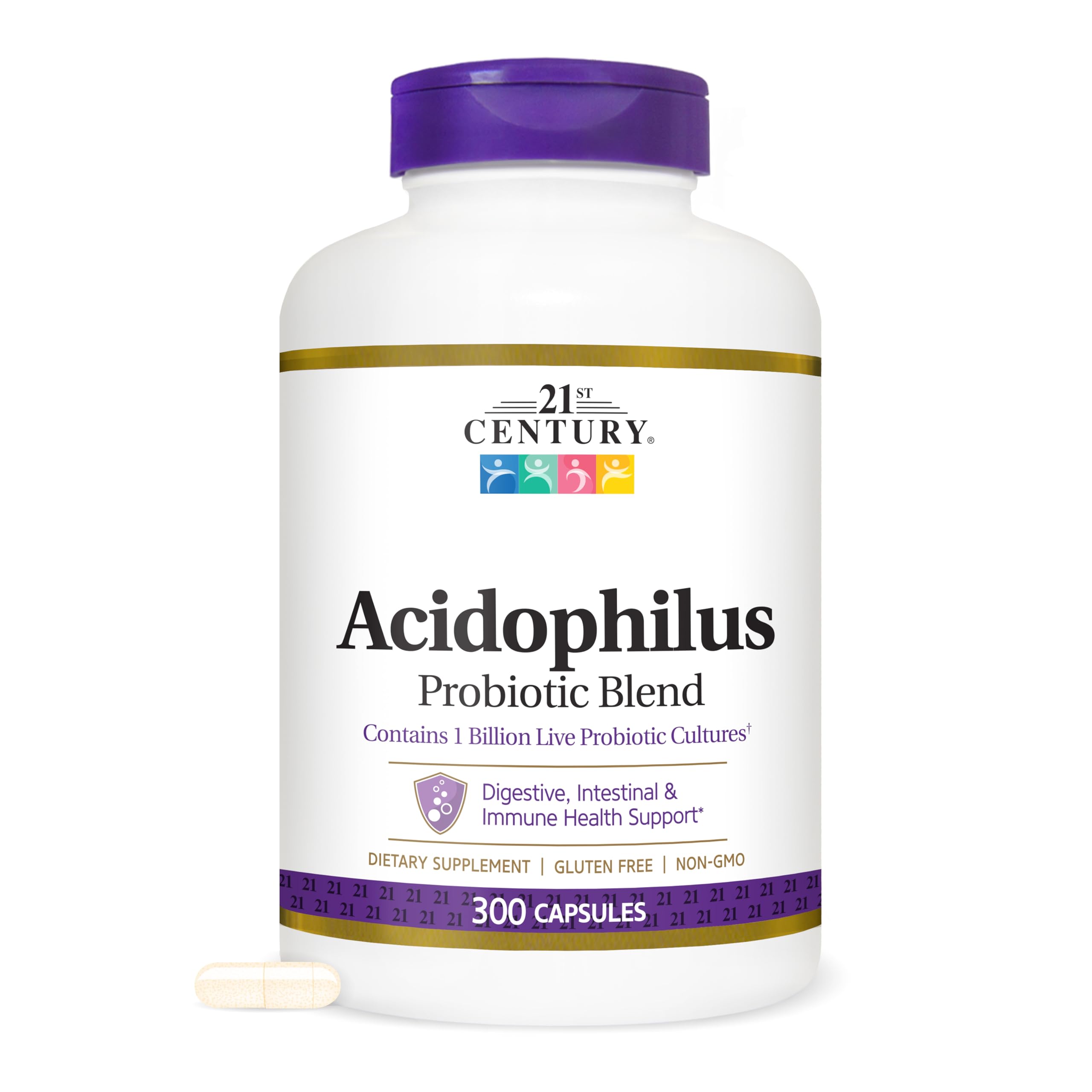 Front view of the 21st Century Acidophilus Probiotic Blend bottle (300 count).