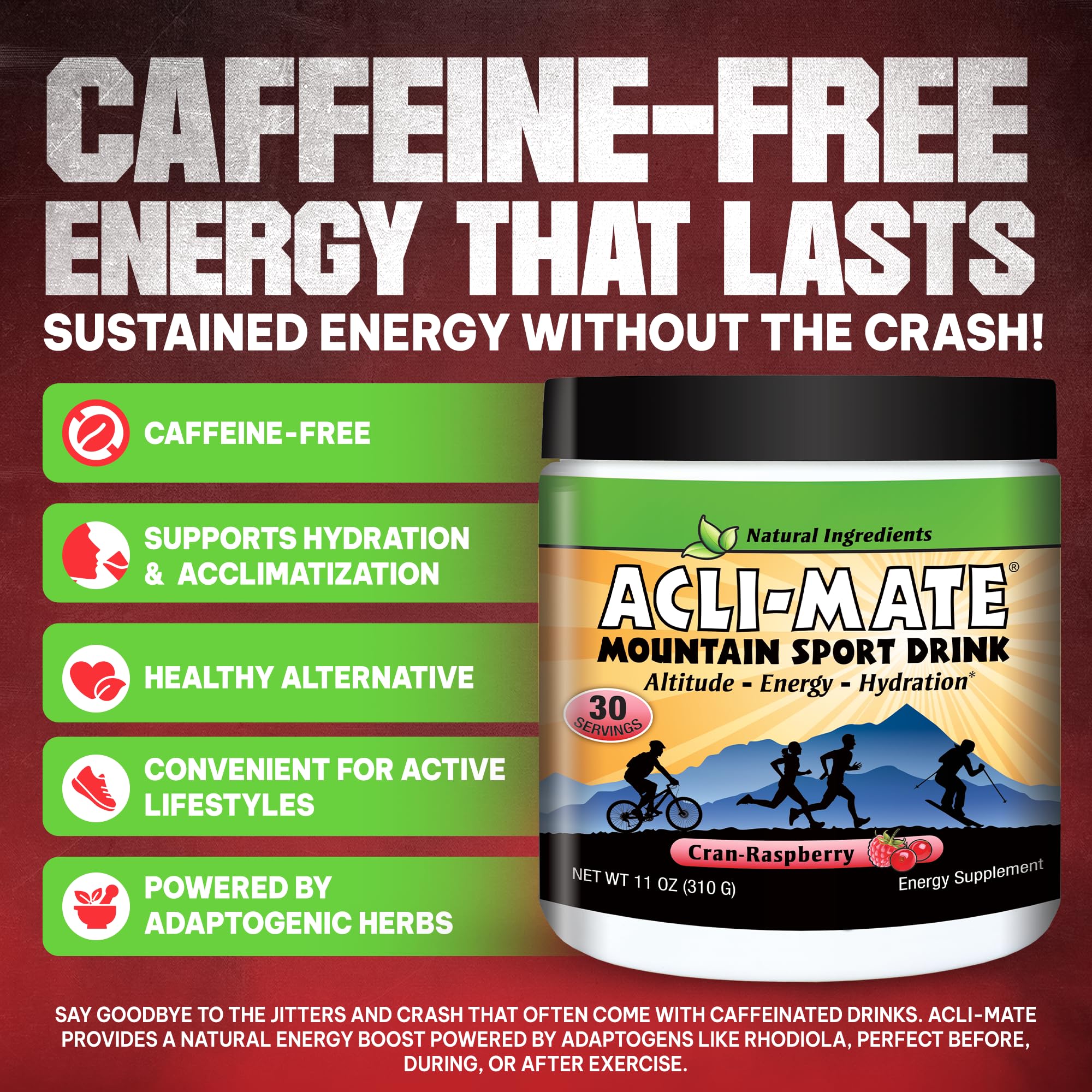 Acli-Mate CranRaspberry powder dissolves in water for refreshing hydration during workouts.