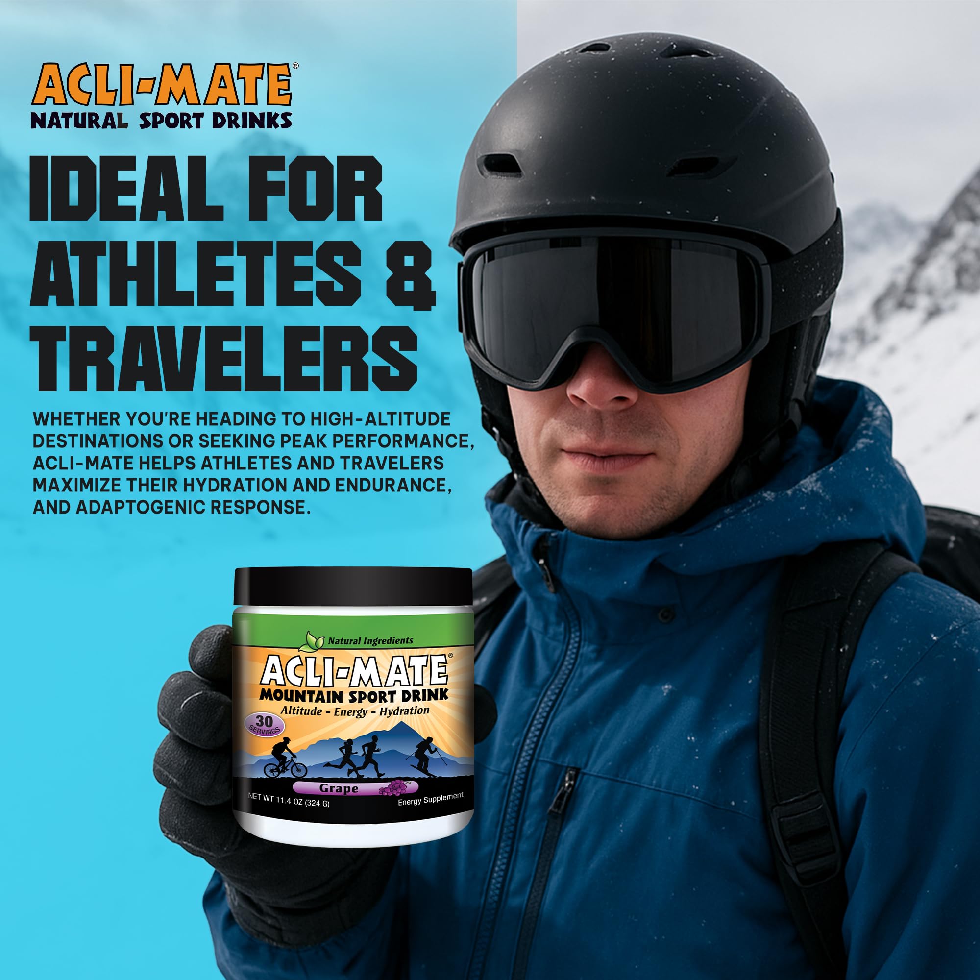 Outdoorsy scenes showing hydration with Acli-Mate during activities