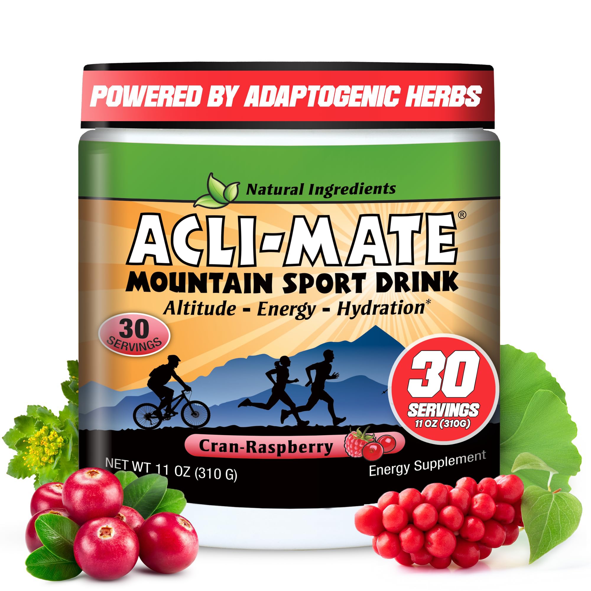 Front view of Acli-Mate Mountain Sport Drink Mix Cranraspberry tub