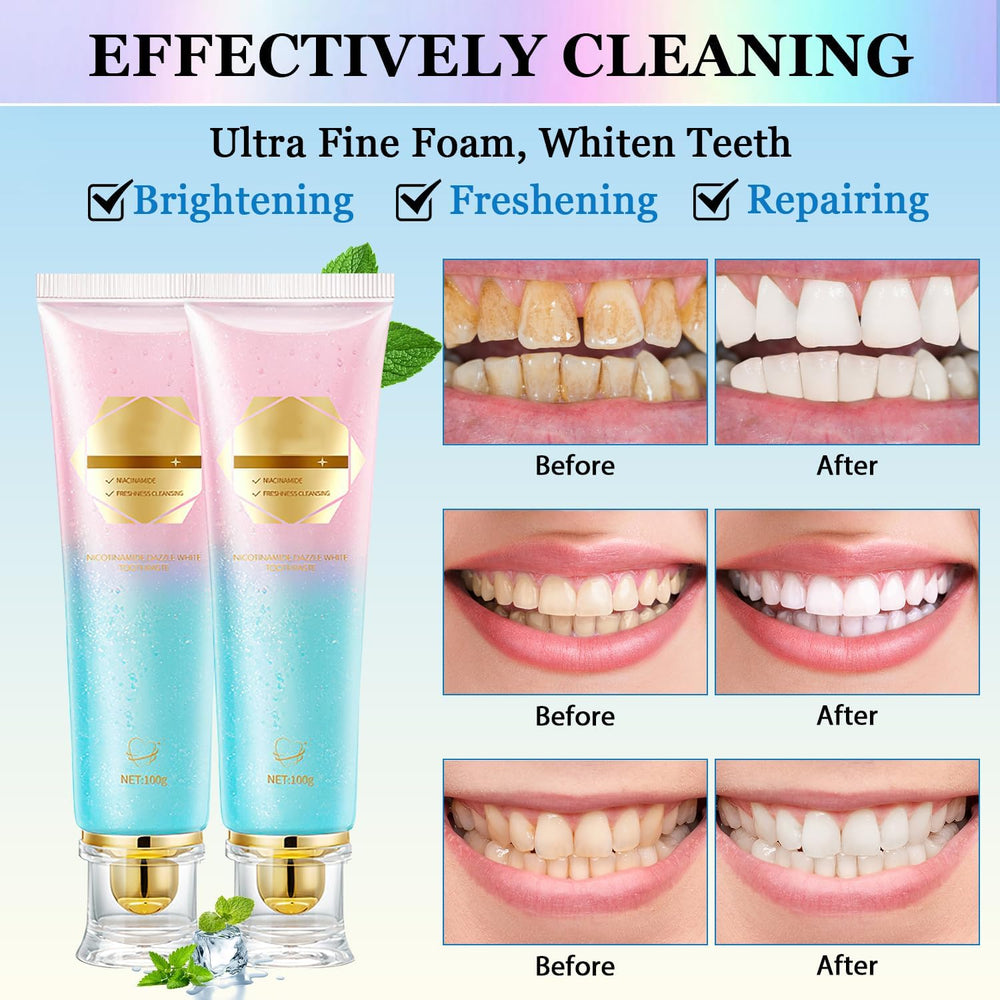 Toothpaste tube displaying Niacinamide whitening formula