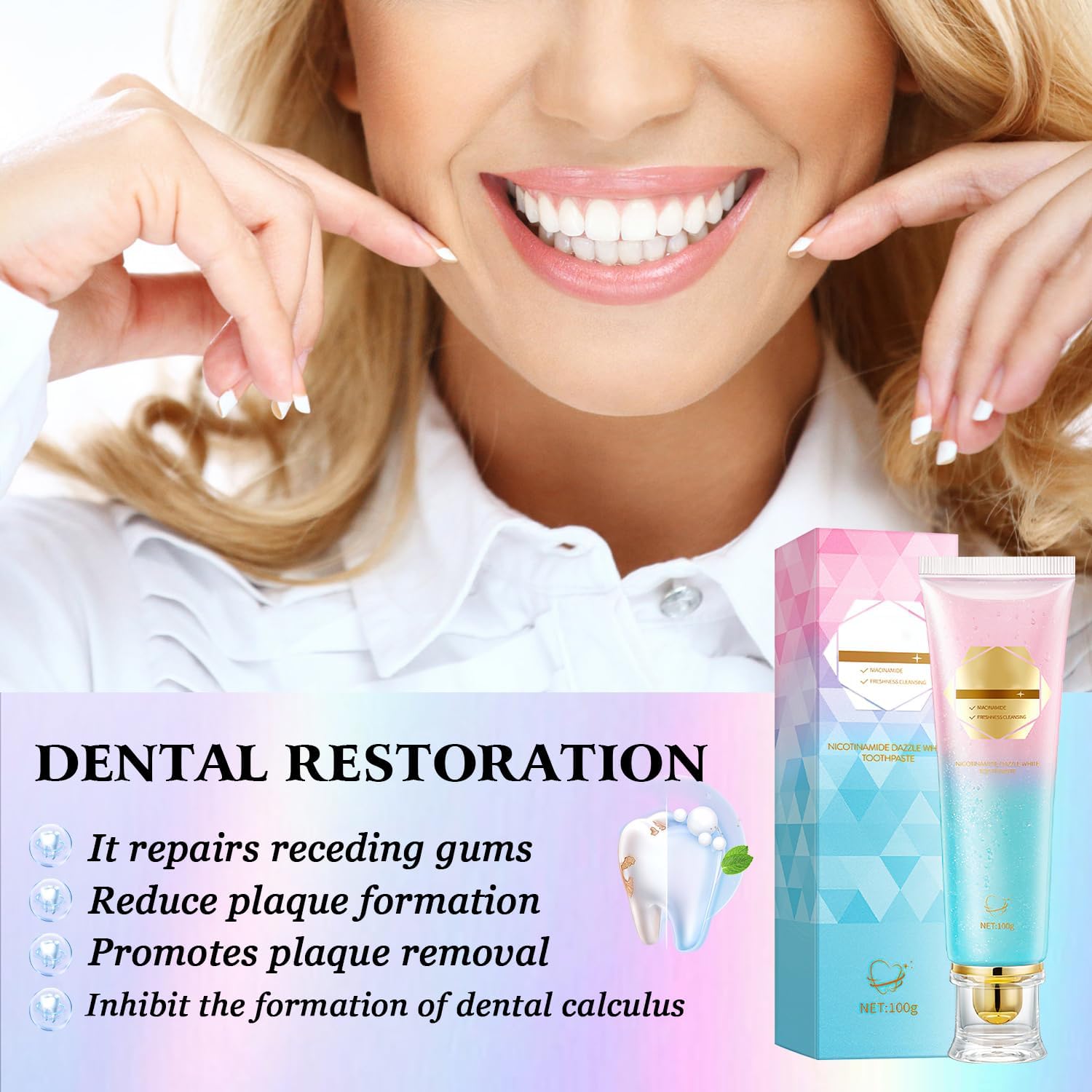 Close-up of toothpaste on toothbrush highlighting whitening action