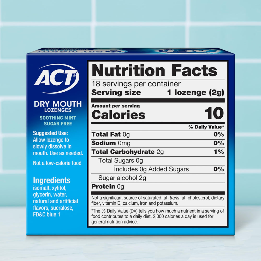 Back view of ACT Dry Mouth Lozenges mint box with nutrition info