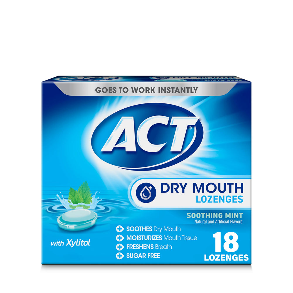 Front view of ACT Dry Mouth Lozenges mint box