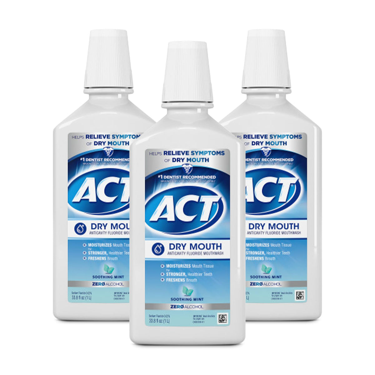 ACT Dry Mouth Anticavity Fluoride Mouthwash with Xylitol, Zero Alcohol, Soothing Mint — 3 x 33.8 oz
