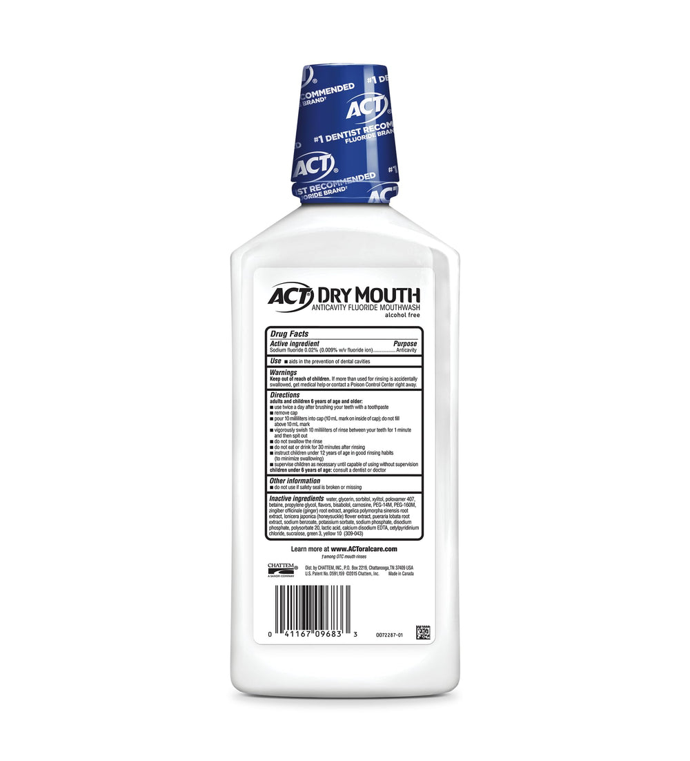 Three ACT Dry Mouth Mouthwash bottles in a 3-pack, Soothing Mint, 33.8 oz each