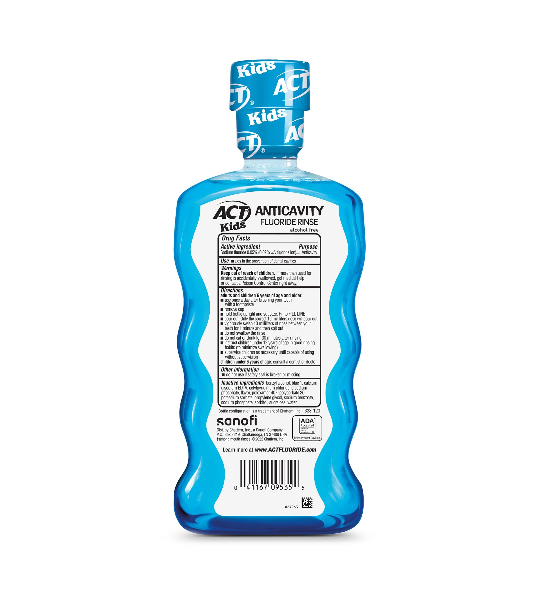 Close-up of ACT Kids Pineapple Punch mouthwash bottles with measuring cap in a 3-pack