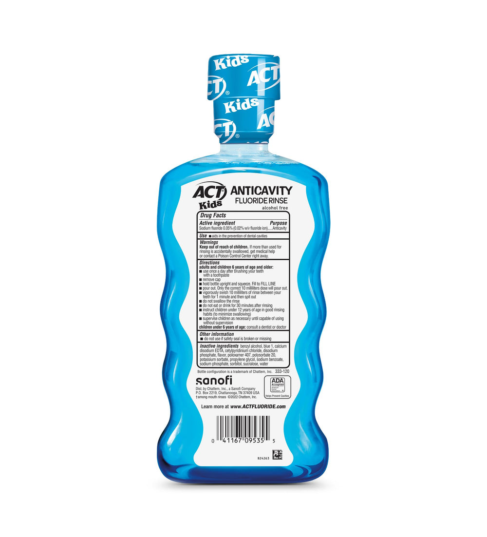 Close-up of ACT Kids Pineapple Punch mouthwash bottles with measuring cap in a 3-pack