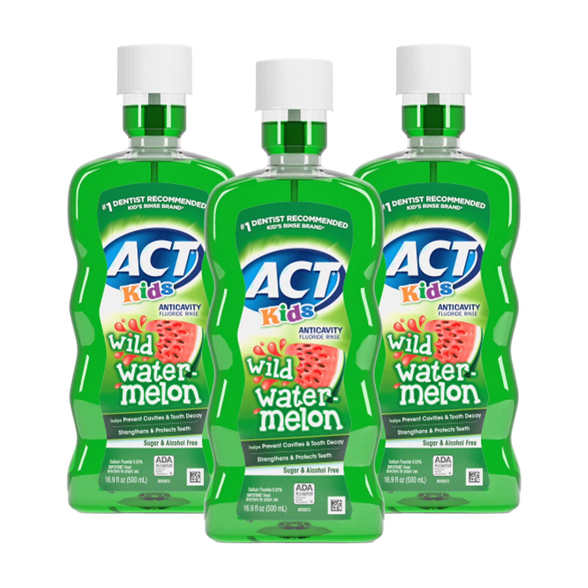 ACT Kids Anticavity Fluoride Mouthwash Wild Watermelon bottle with 16.9 oz and dosing cup