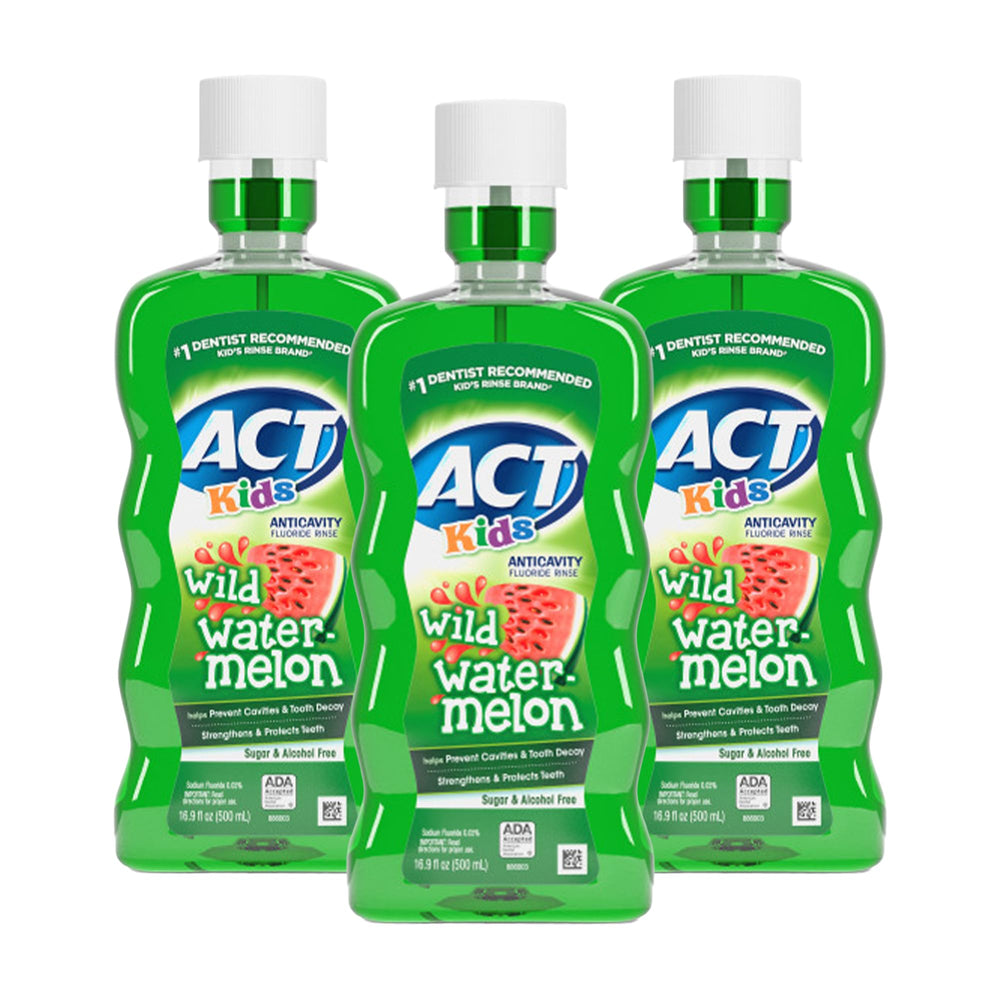 ACT Kids Anticavity Fluoride Mouthwash Wild Watermelon bottle with 16.9 oz and dosing cup