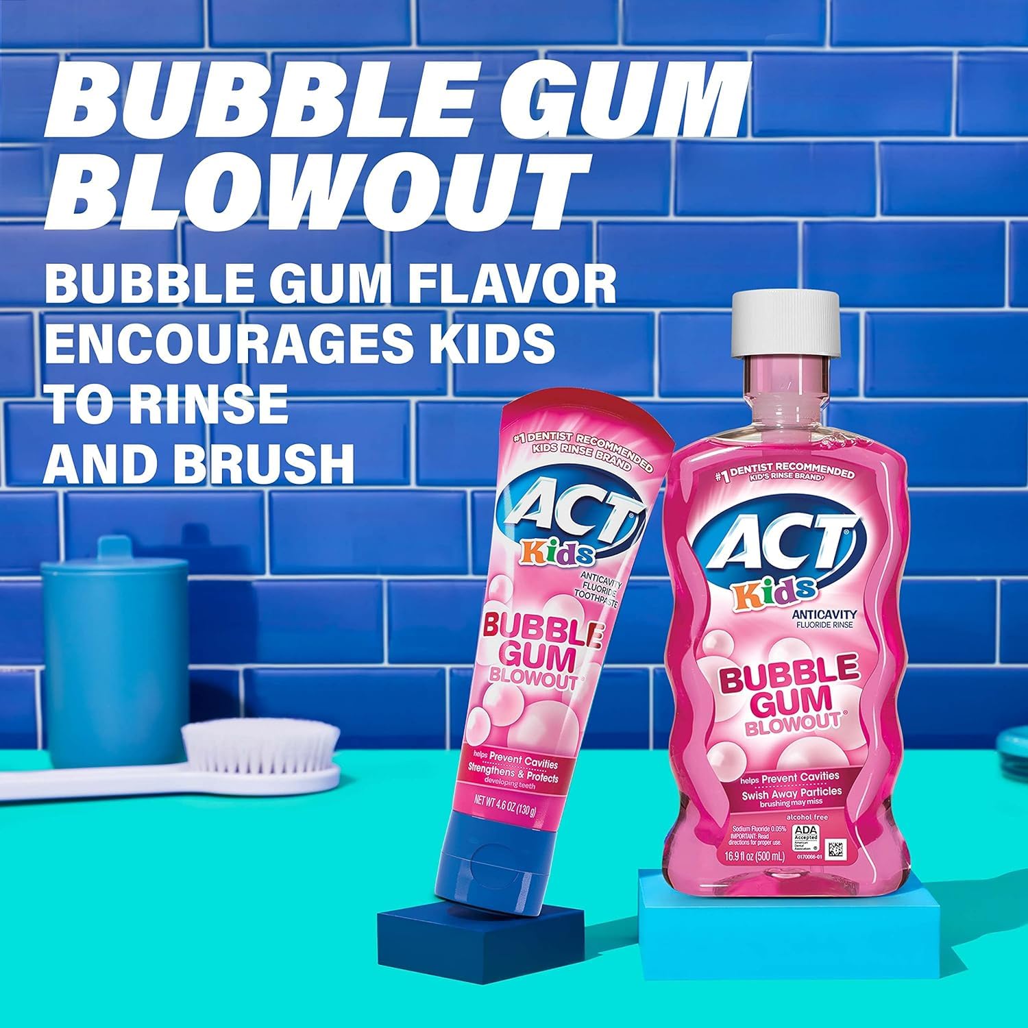 Close-up of ACT Kids Bubblegum Blowout Anti-Cavity Rinse bottle