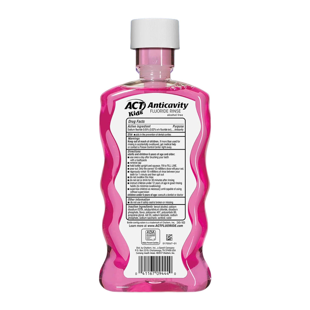ACT Kids Bubblegum Blowout Anti-Cavity Rinse 18 oz bottle back label with directions