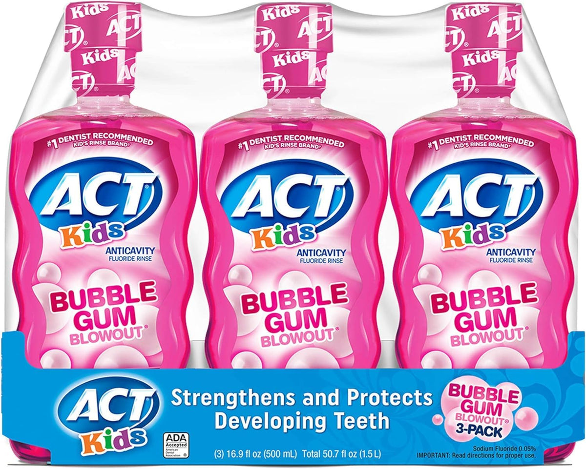 ACT Kids Bubblegum Blowout Anti-Cavity Rinse 18 oz bottle front label