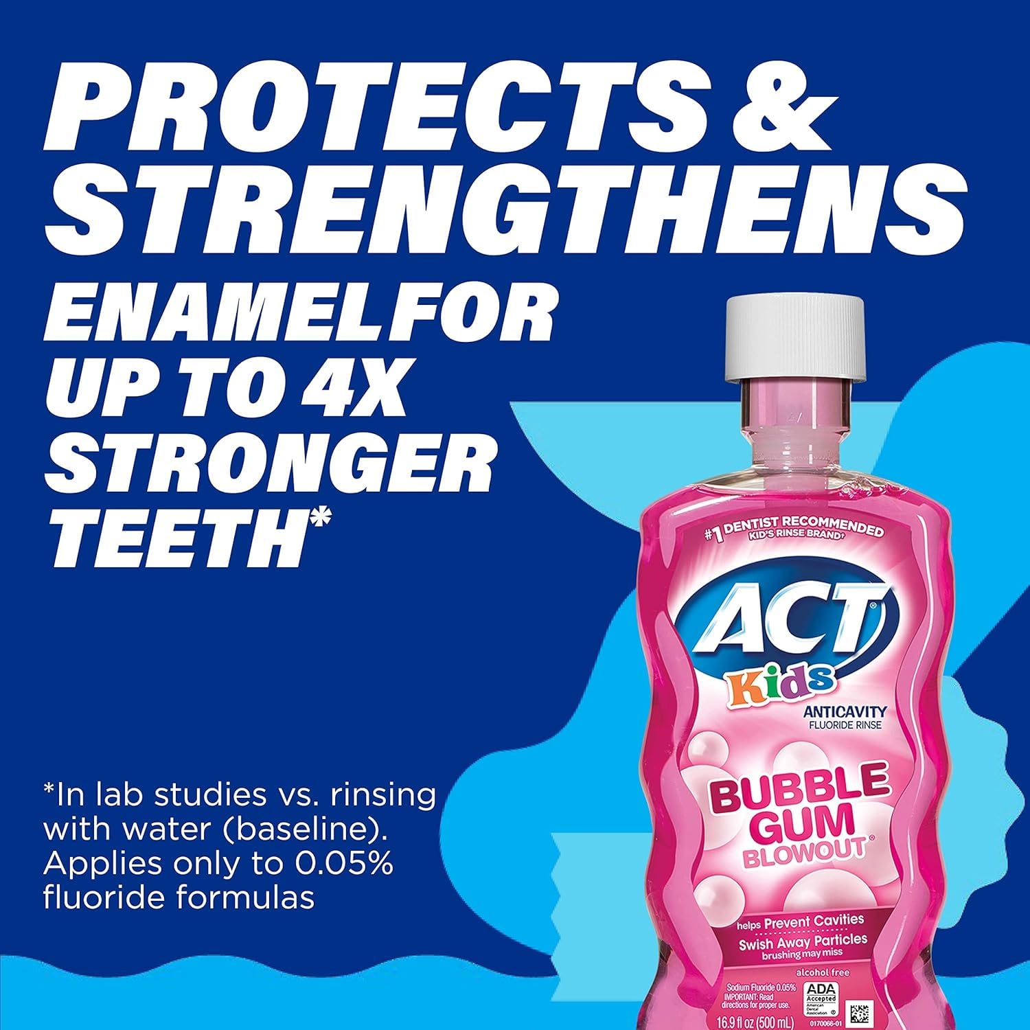Kid-friendly dosing cup included with ACT Kids Bubblegum Blowout rinse