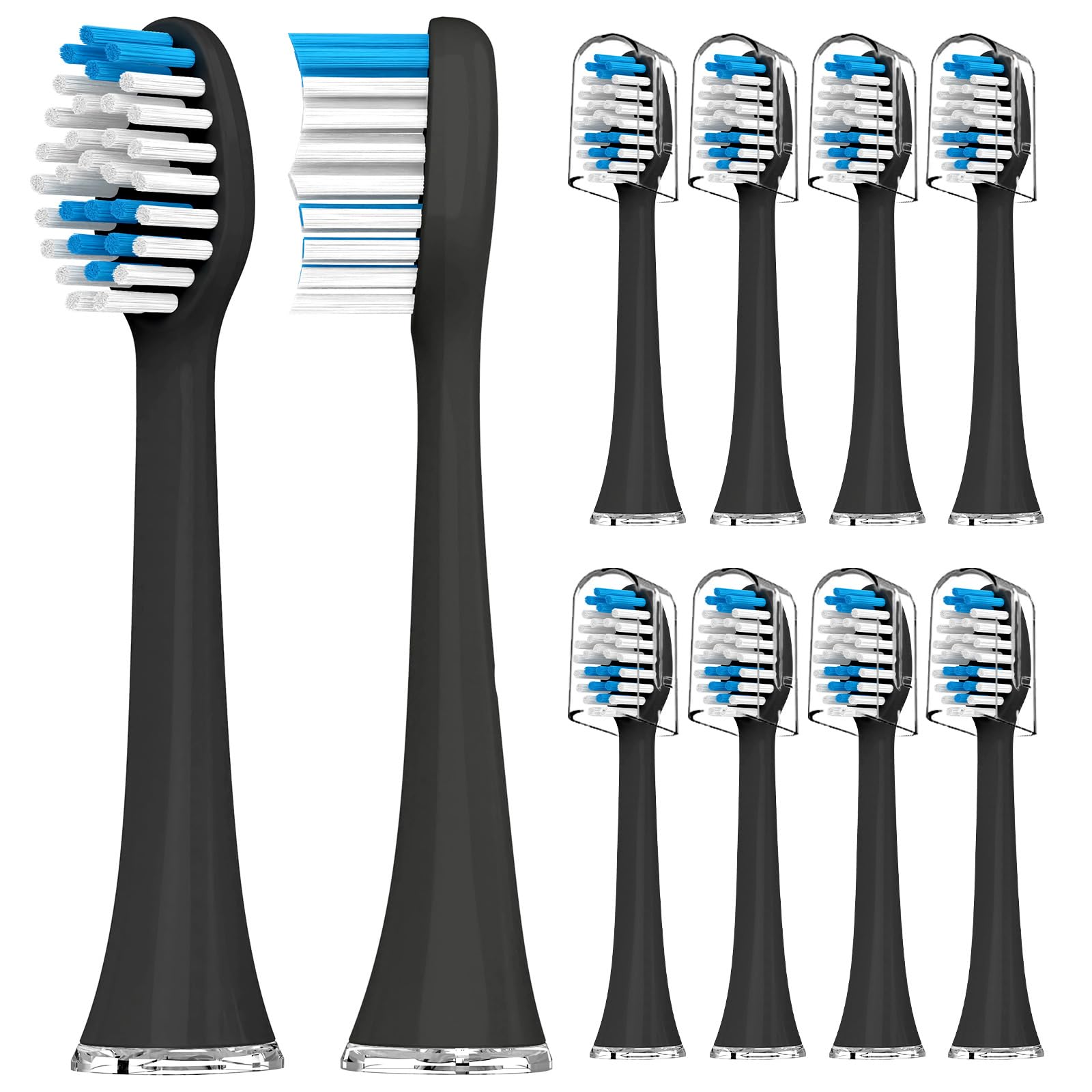 Acteh toothbrush replacement heads 10-pack in black with medium bristles, front view