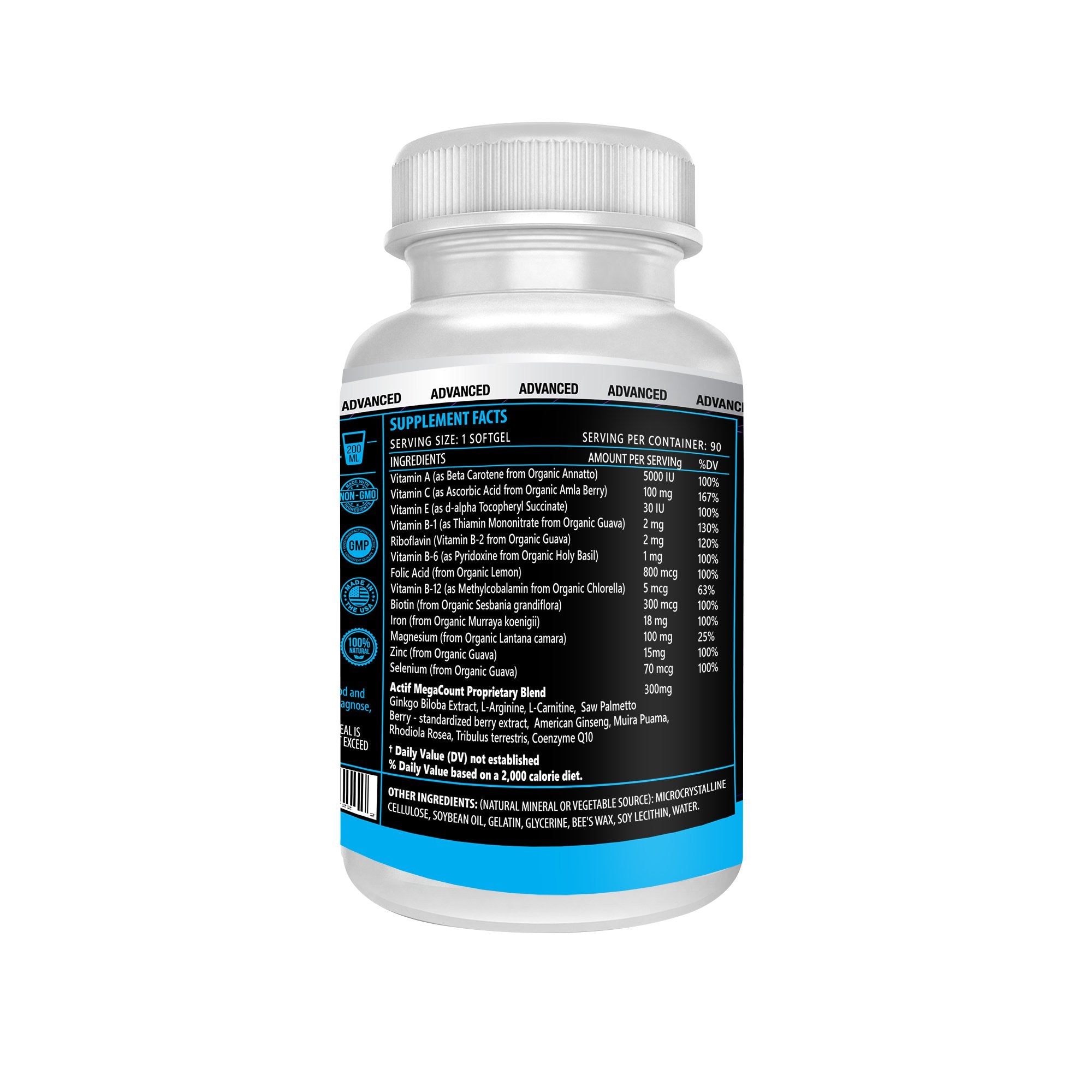 ACTIF MegaCount for Men label with key supplement facts