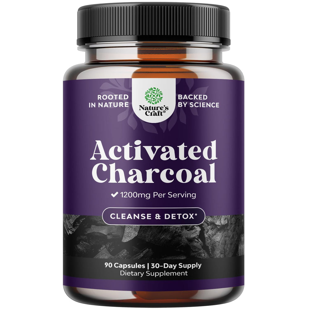Activated charcoal detox pills bottle with 1200 mg per serving