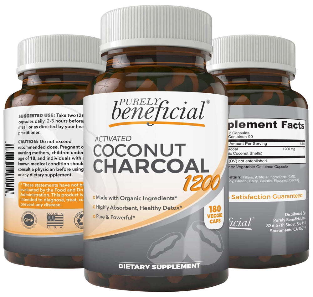 Bottle of Activated Coconut Charcoal 1200mg – 180 vegan capsules