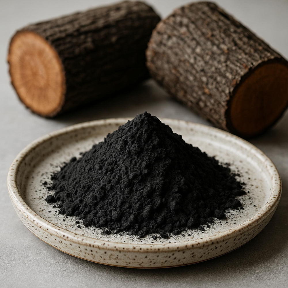 Activated hardwood charcoal powder in a resealable jar