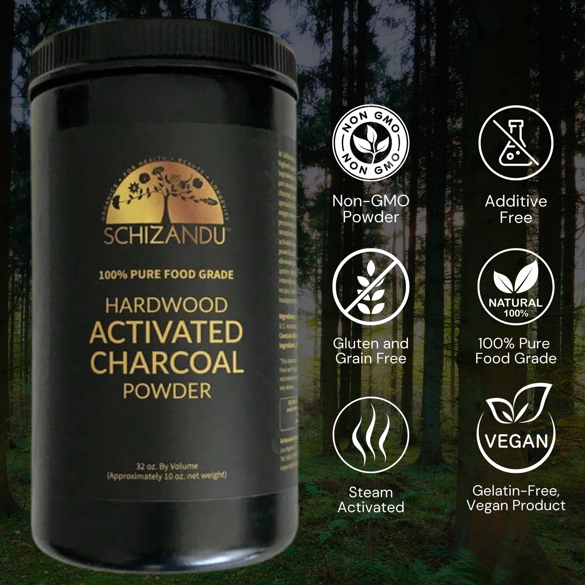 Close-up of fine, black activated hardwood charcoal powder