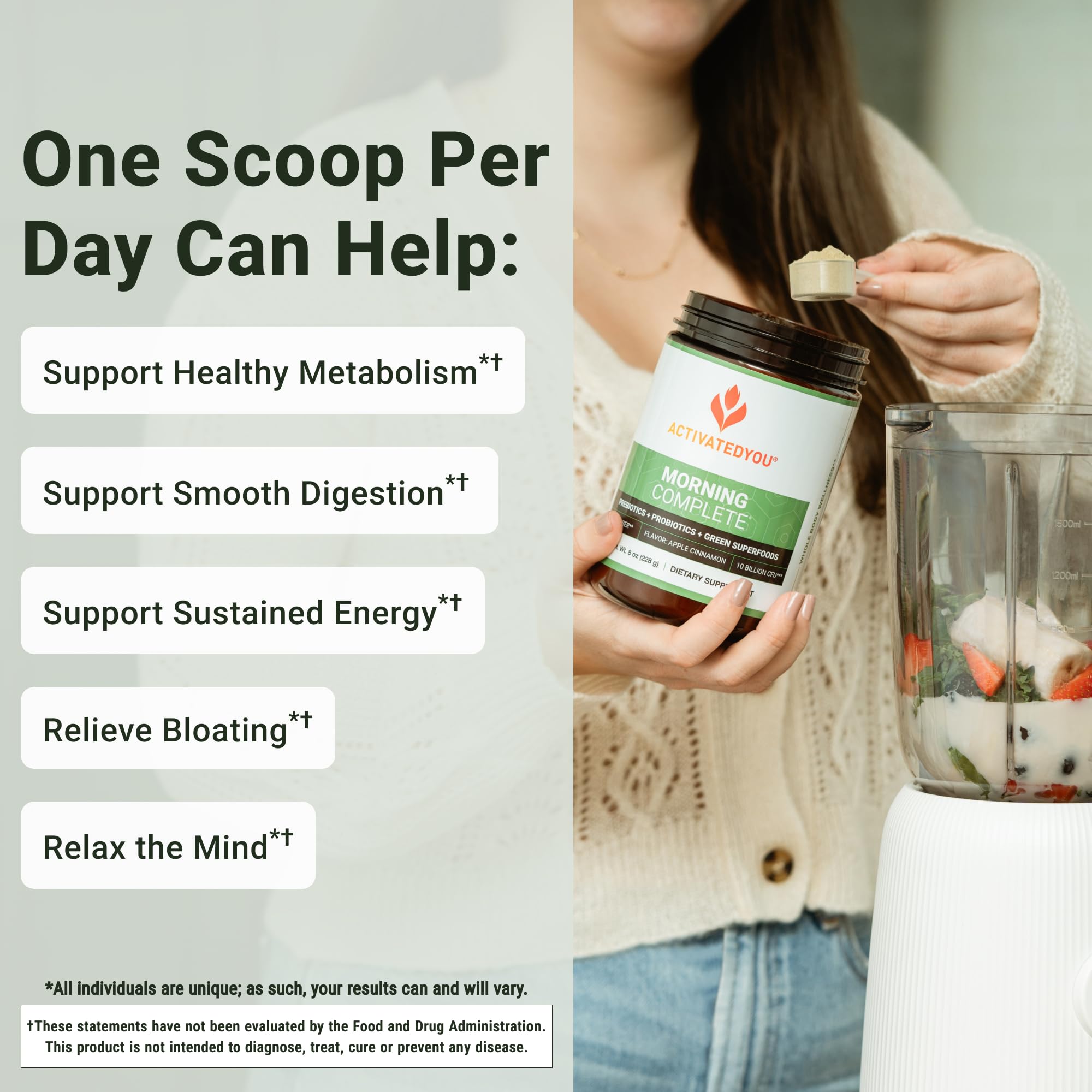 ACTIVATEDYOU Morning Complete powder dissolving in glass for steady daily energy.