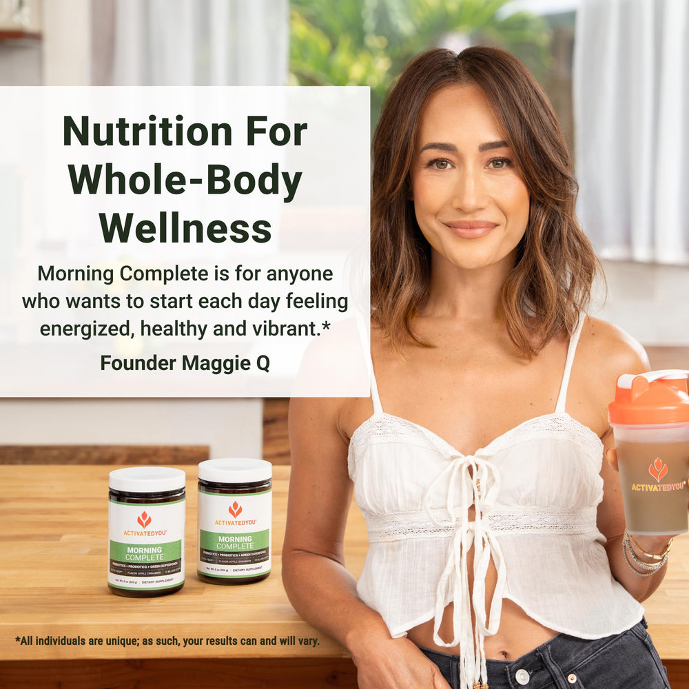 ACTIVATEDYOU Morning Complete green powder blend in scoop for daily wellness.