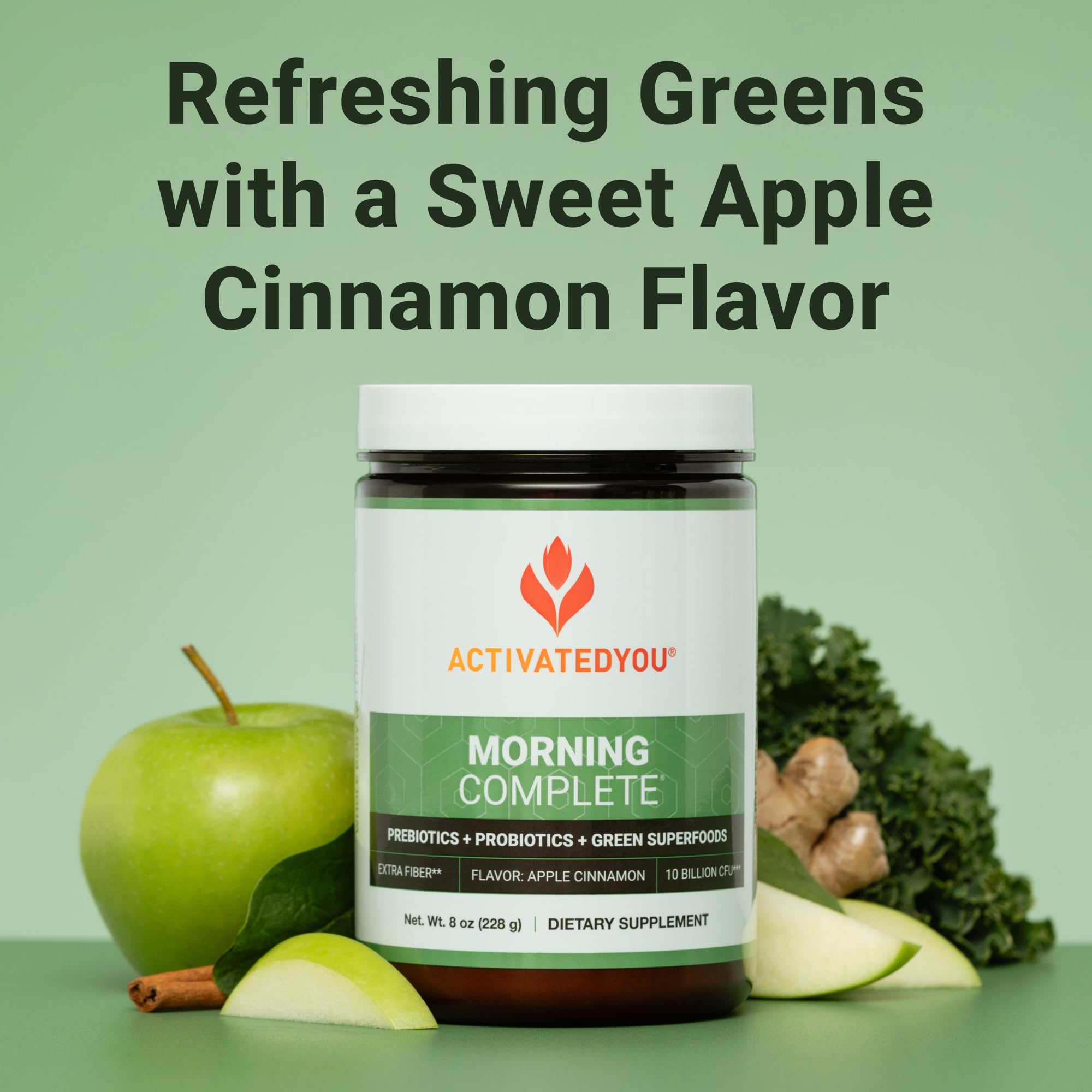 ACTIVATEDYOU Morning Complete tub close-up highlighting prebiotics for gut wellness.