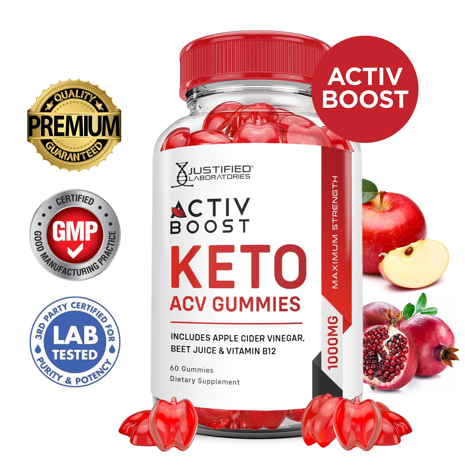 Gummies showcasing beet juice and pomegranate ingredients
