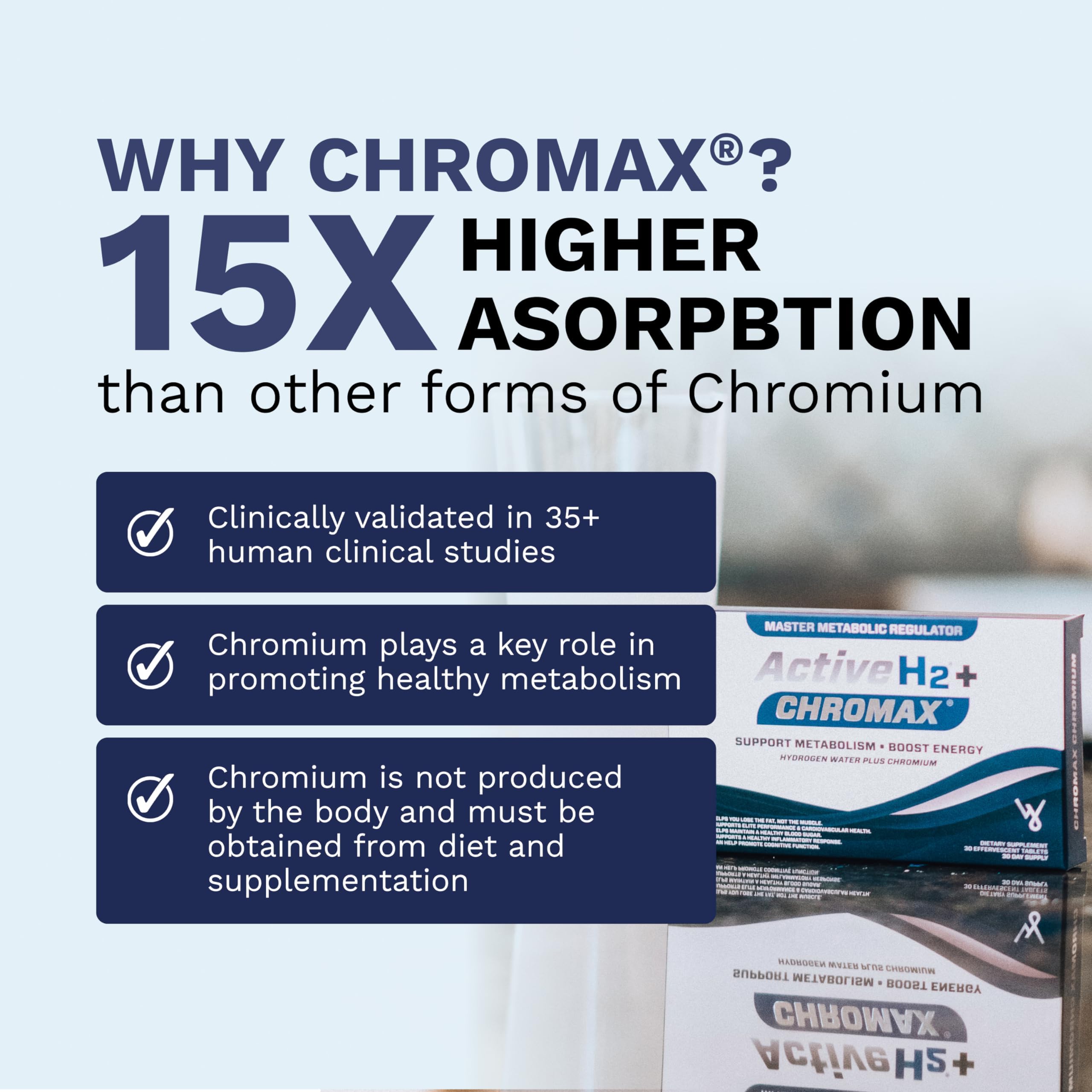 Bottle of Active H2+ Chromax with 30 tablets on a clean background