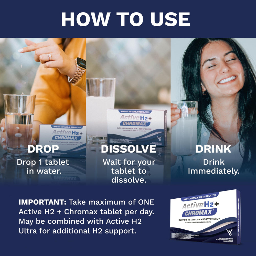Dissolved water with hydrogen molecules after adding the Active H2+ Chromax tablet
