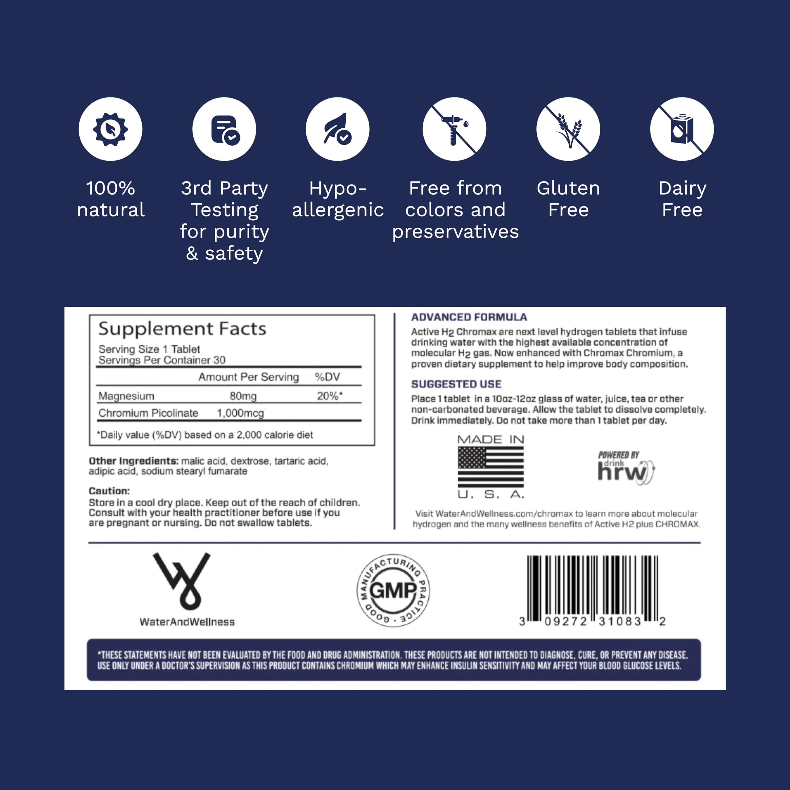 Supplement facts panel for Active H2+ Chromax