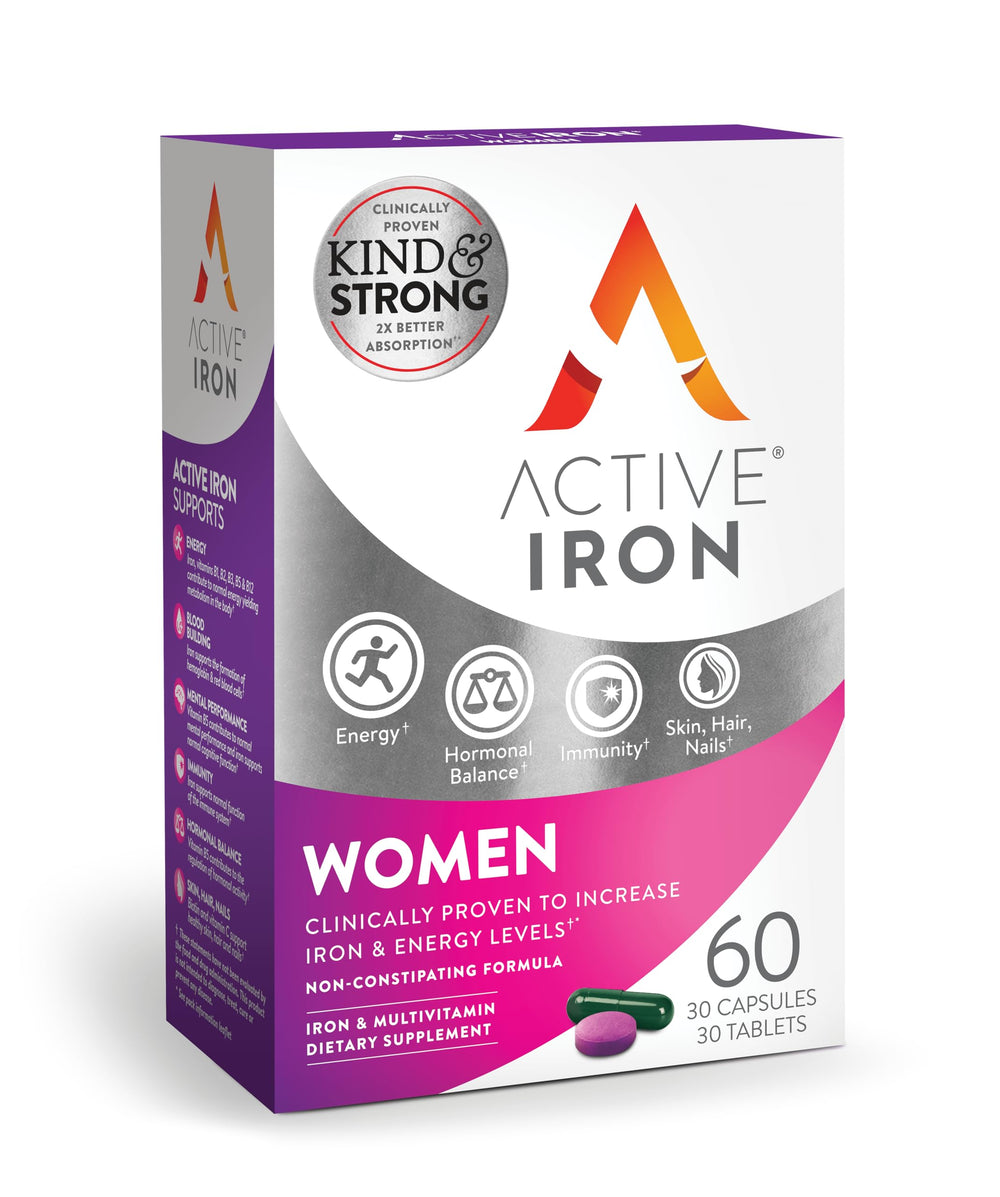 Hero image showing Active Iron 25mg + Women's Multivitamin bottle