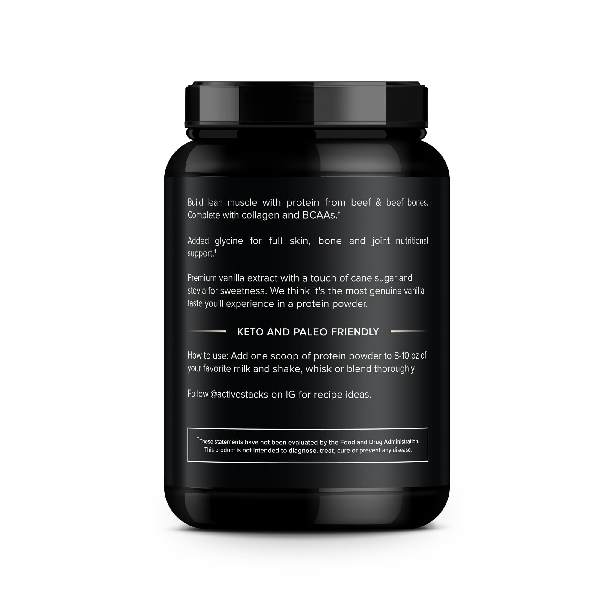 Active Stacks beef protein powder vanilla scoop—convenient for quick shakes and post-workout recovery.