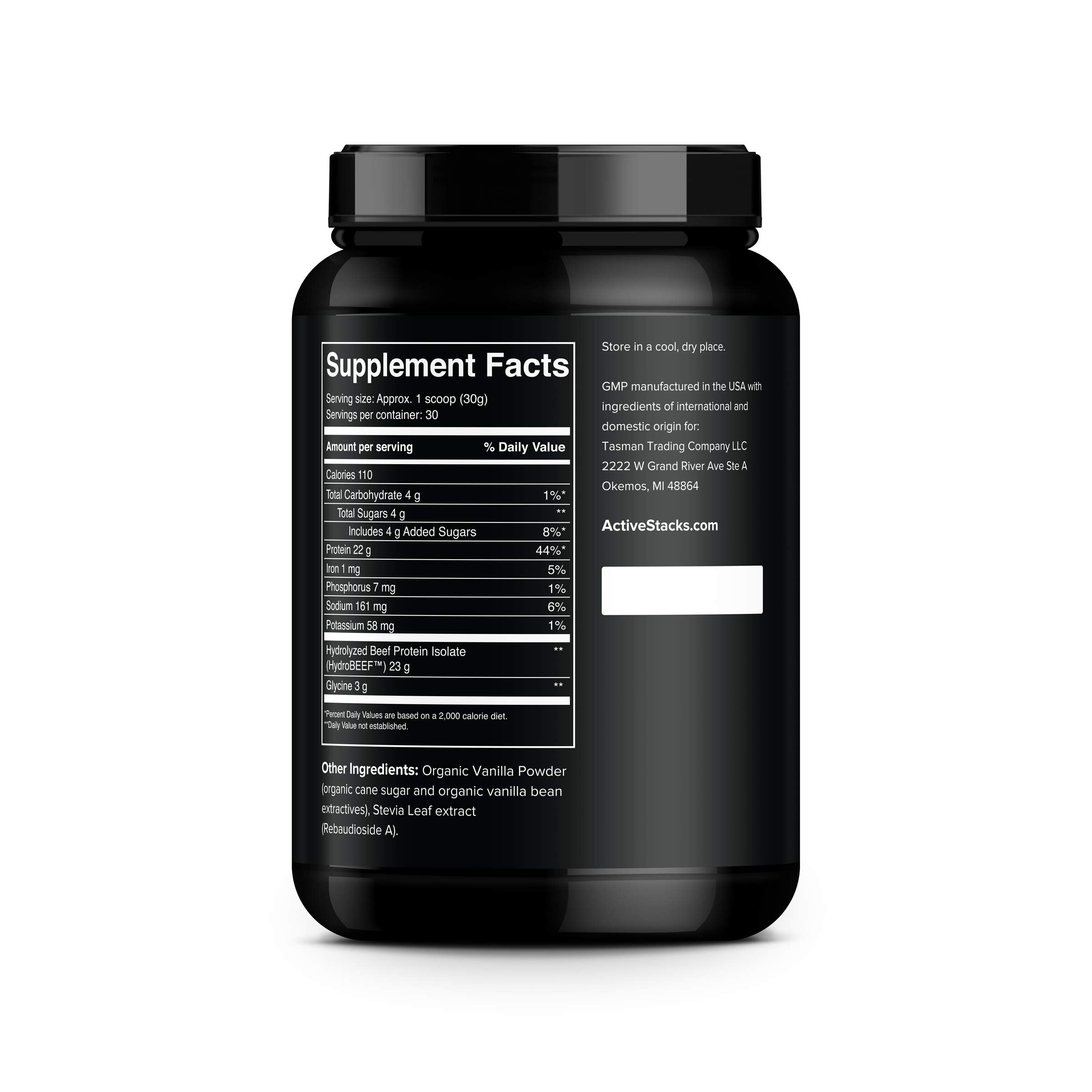 Active Stacks beef protein powder vanilla shake—creamy vanilla flavor ideal for bone broth-inspired shakes.