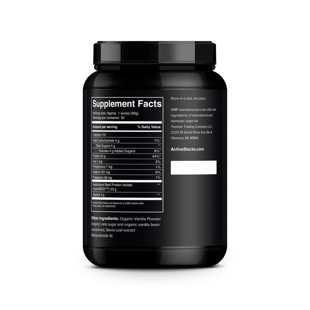 Active Stacks beef protein powder vanilla shake—creamy vanilla flavor ideal for bone broth-inspired shakes.