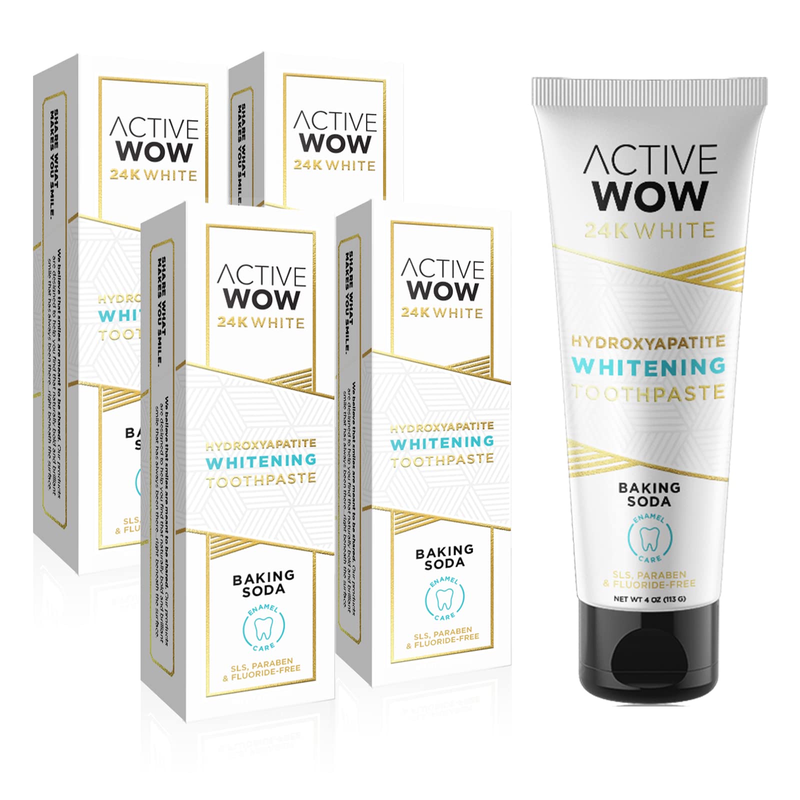 Active Wow 24k White Hydroxyapatite Toothpaste – four 4 oz tubes in fresh mint flavor; sensitive, remineralizing, fluoride-free and paraben-free.
