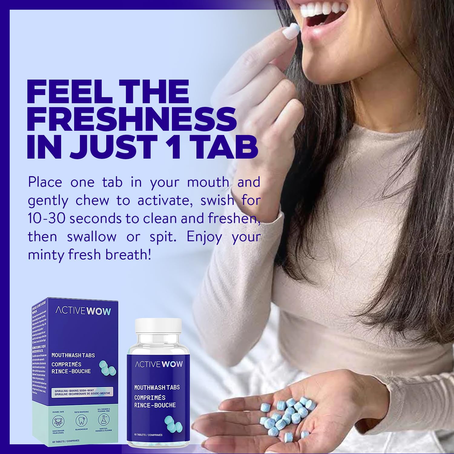 Travel-friendly Active Wow mouthwash tablets in packaging