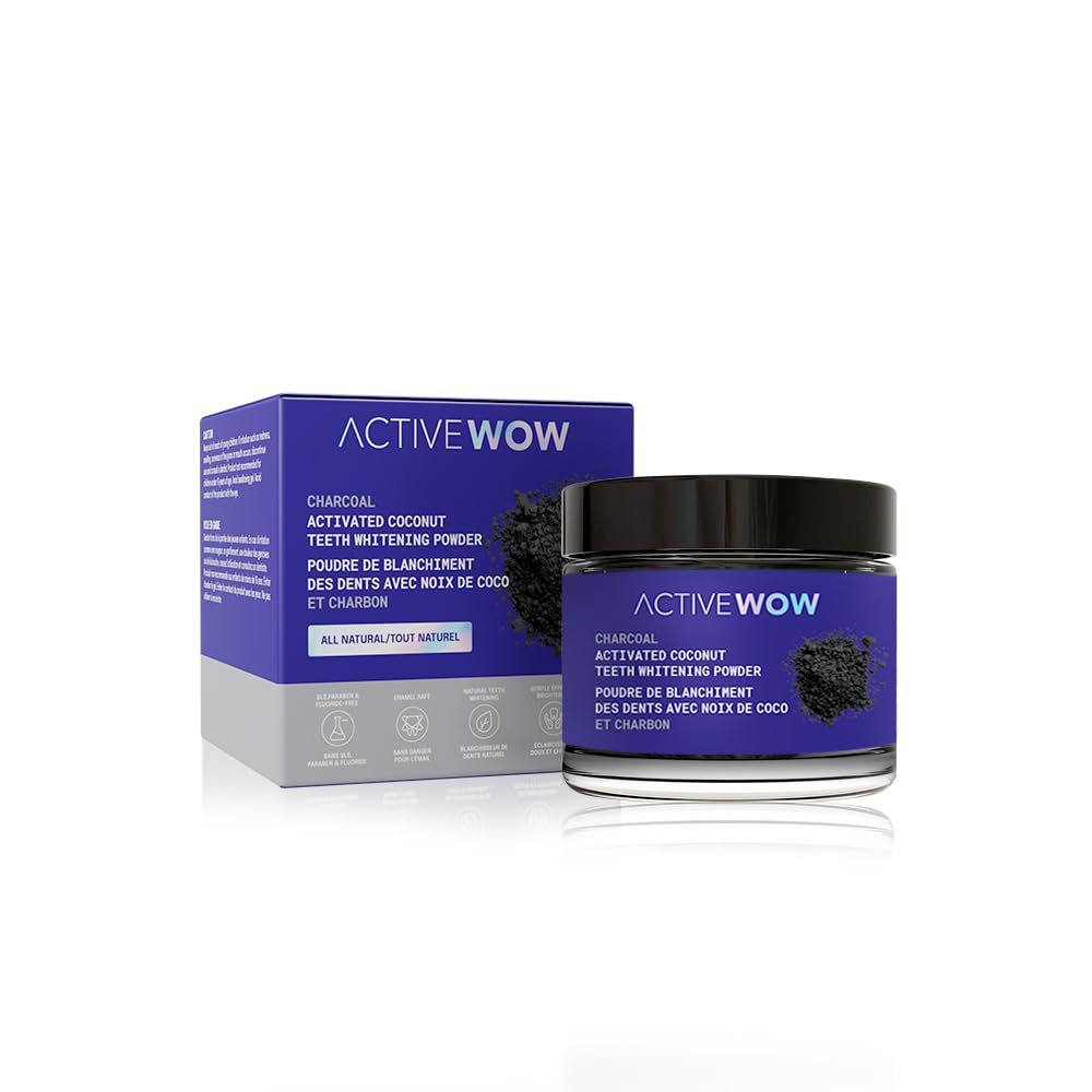 Active Wow Teeth Whitening Charcoal Powder jar on a clean surface