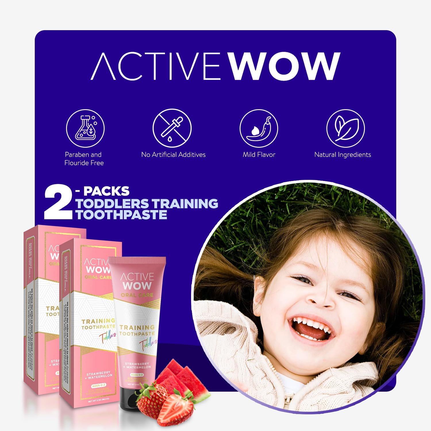 Front packaging of Active Wow Training Toothpaste strawberry watermelon 2-pack