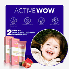Front packaging of Active Wow Training Toothpaste strawberry watermelon 2-pack