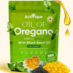 Front view of Activique Oregano Oil with Black Seed Oil bottle, 4X strength, 360 softgels