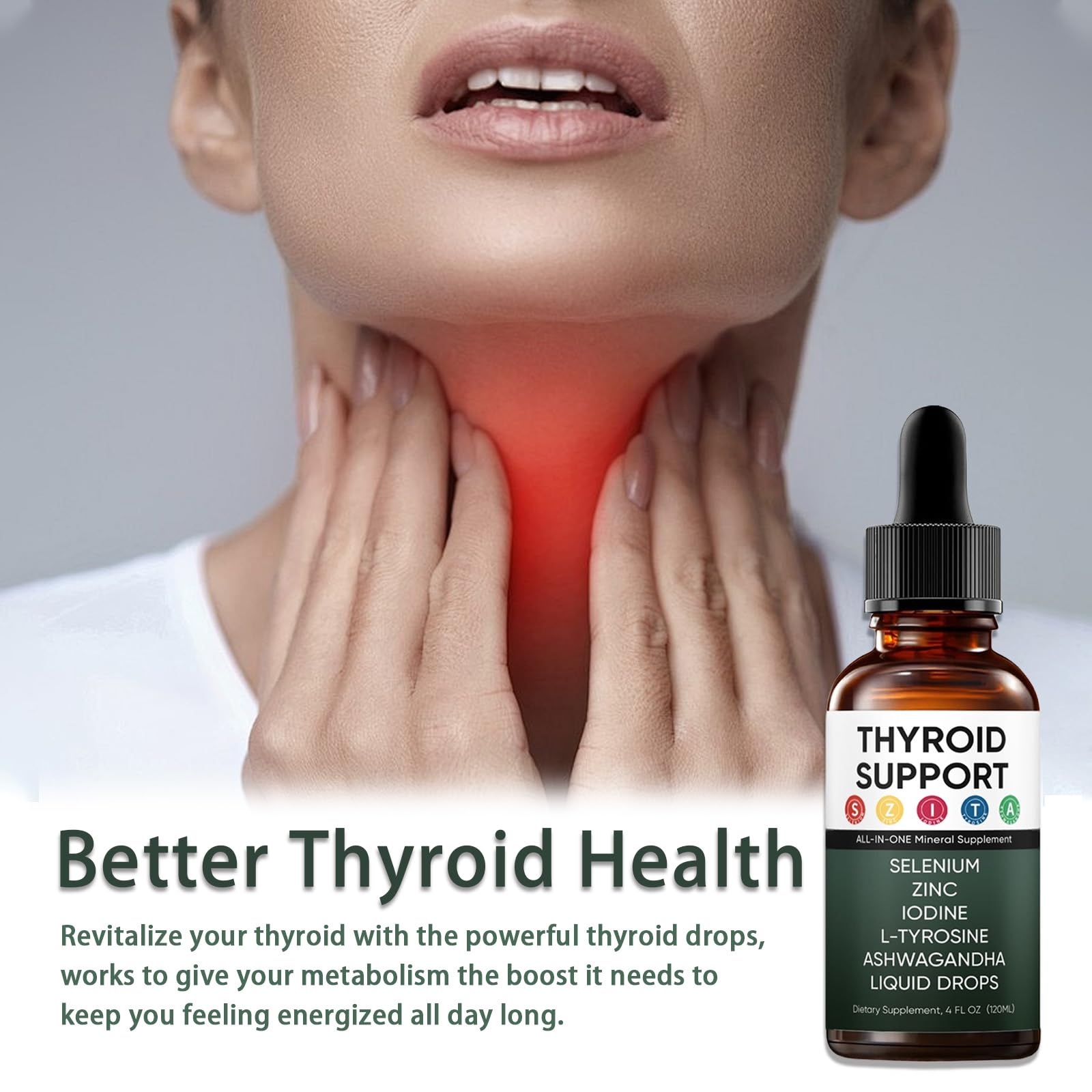 Nutrition label and bottle of Actora Thyroid Support Drops