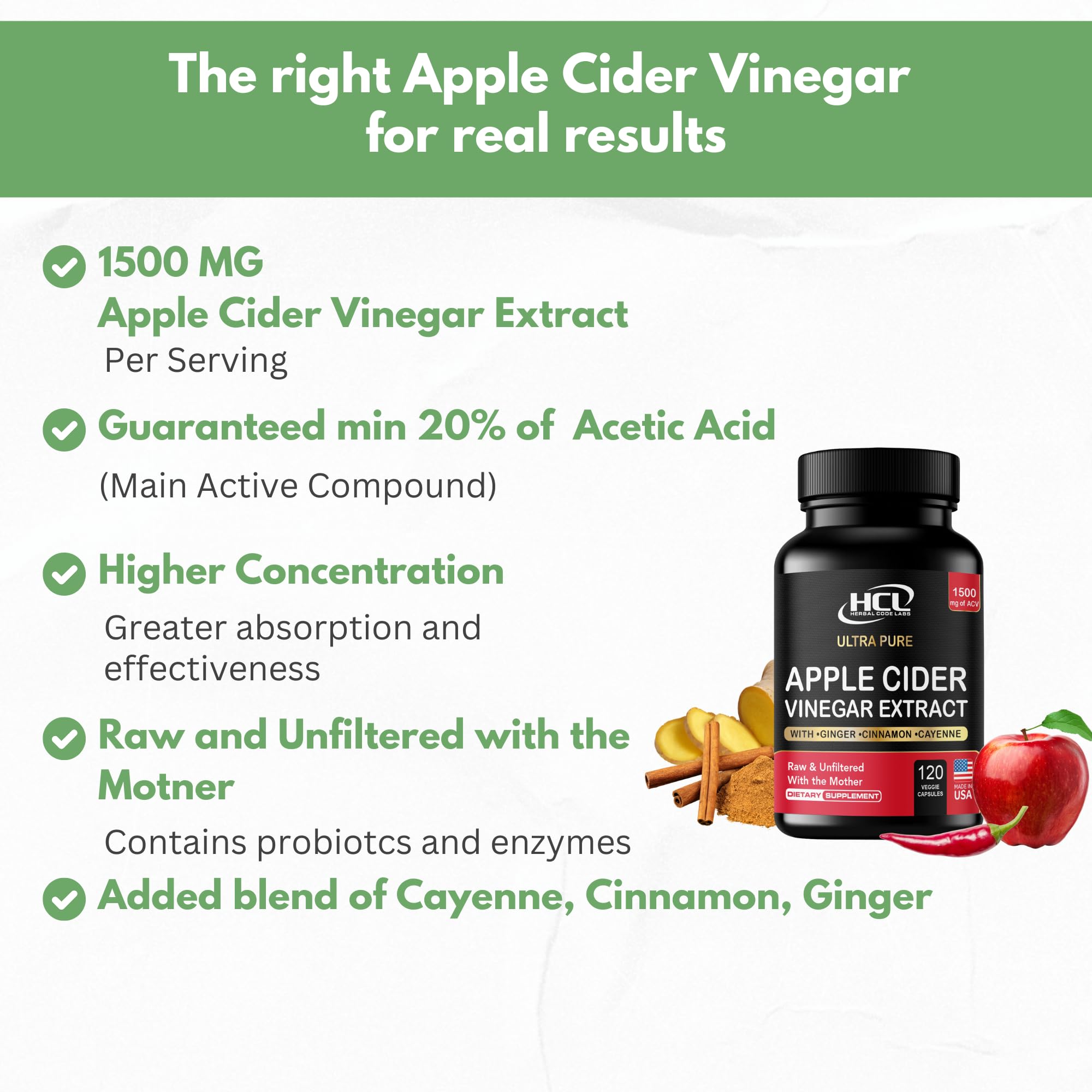 ACV capsules with Ginger Cayenne Cinnamon ingredients