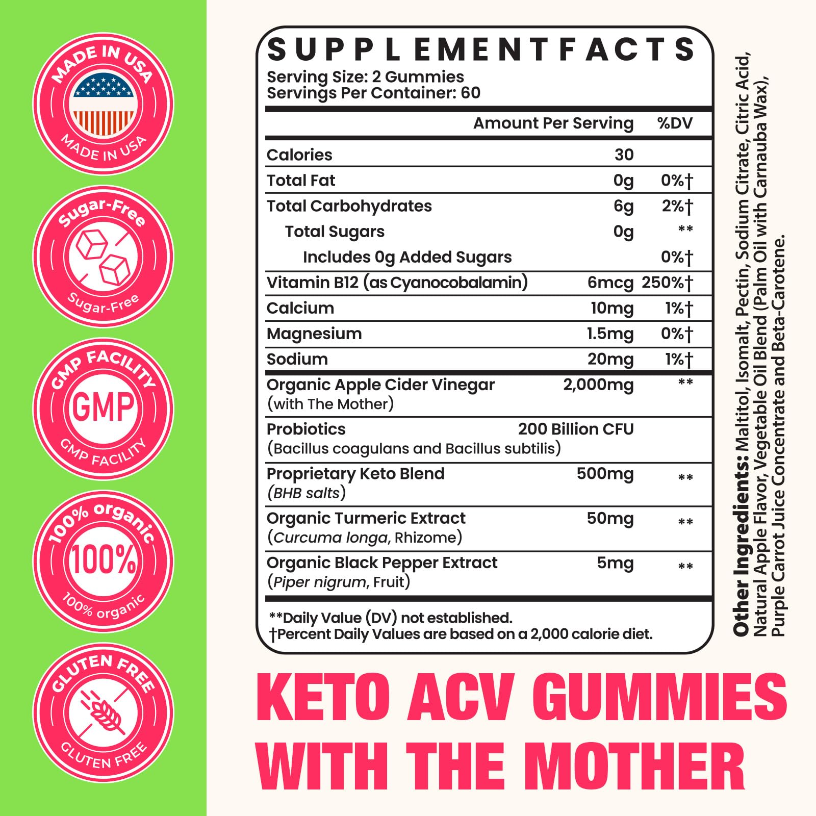 Keto blend ingredient panel for ACV gummies