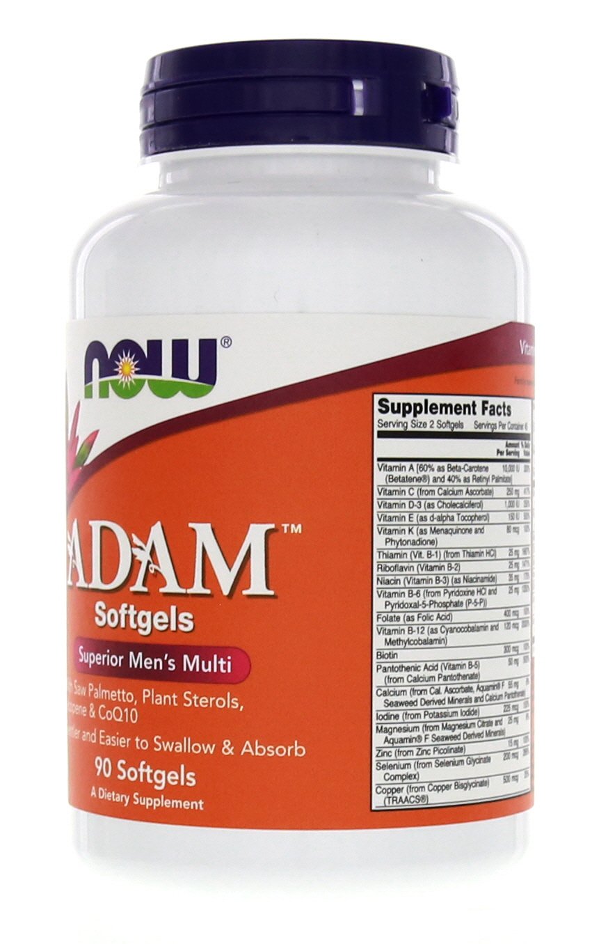 Close-up of Adam Men's Multiple Vitamin 90 softgels bottle