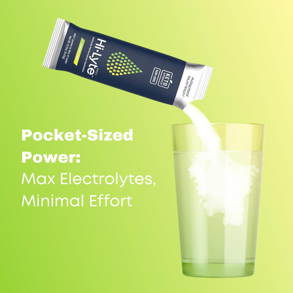 Adapted Nutrition Hi-Lyte Pro 16oz glass prepared with Lemon Lime hydration.