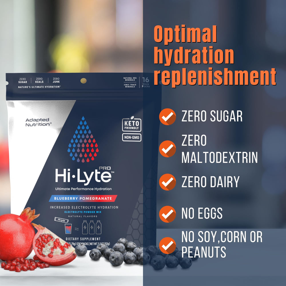 Adapted Nutrition Hi-Lyte Pro mixed with water in a glass showing refreshing hydration.