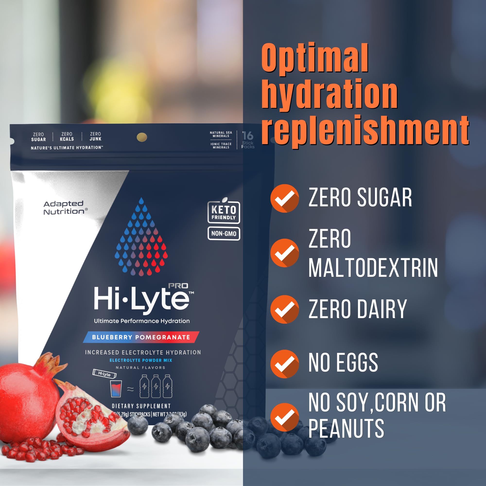 Adapted Nutrition Hi-Lyte Pro on-the-go pack displayed on a shelf for travel and workouts.