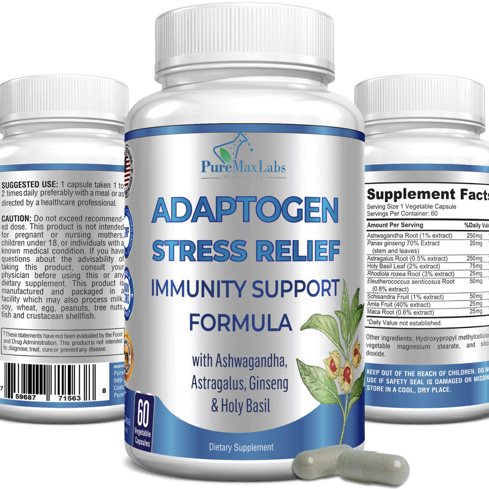 Bottle of Adaptogen Stress Relief Immunity Support formula, 60 capsules