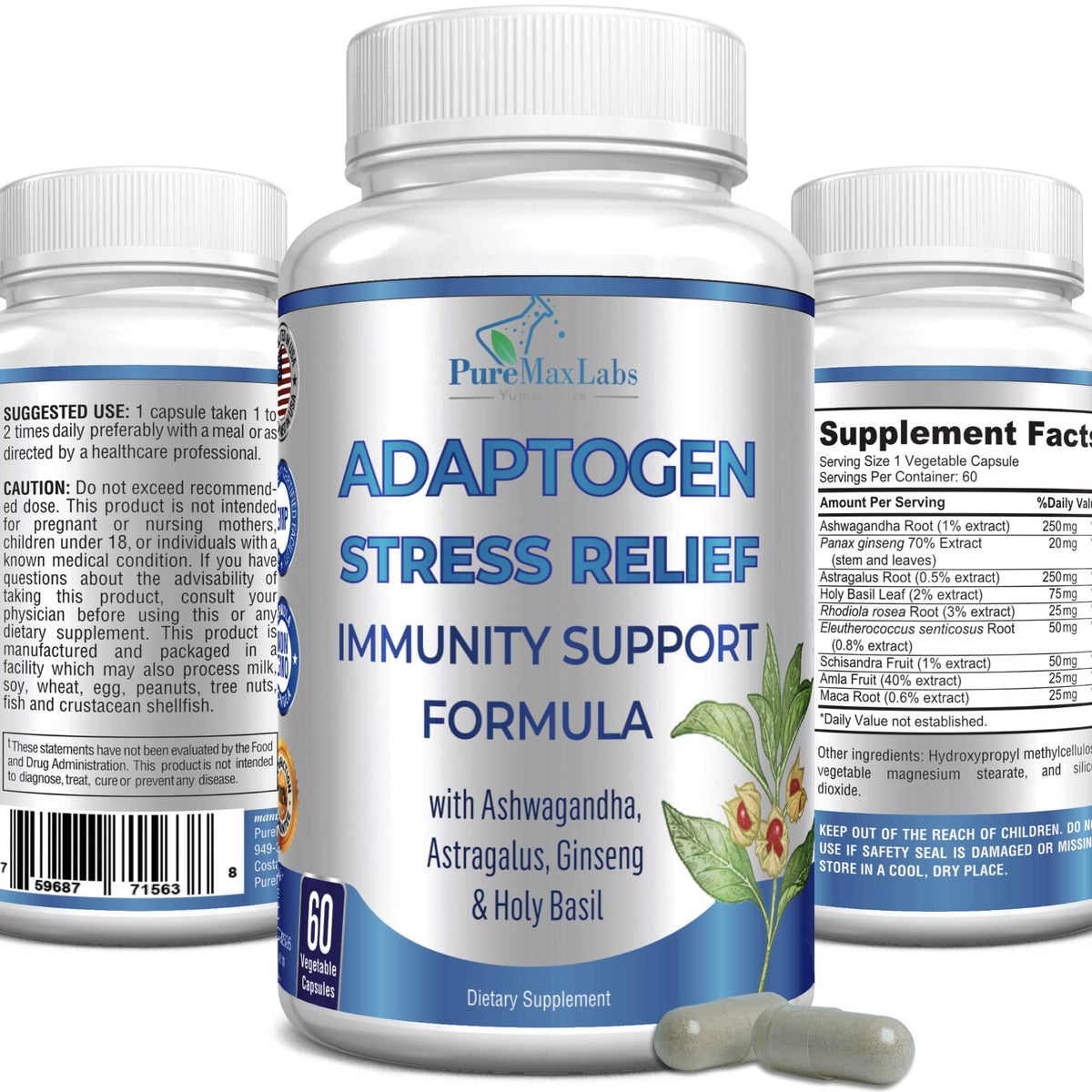 Bottle of Adaptogen Stress Relief Immunity Support formula, 60 capsules
